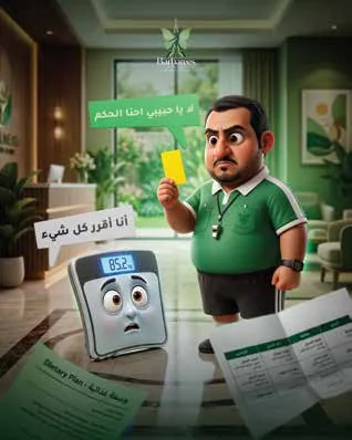 Barbarees social advertisement with a referee character and a weighing scale