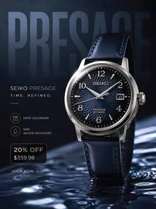 Product advertising design showing a wristwatch above water