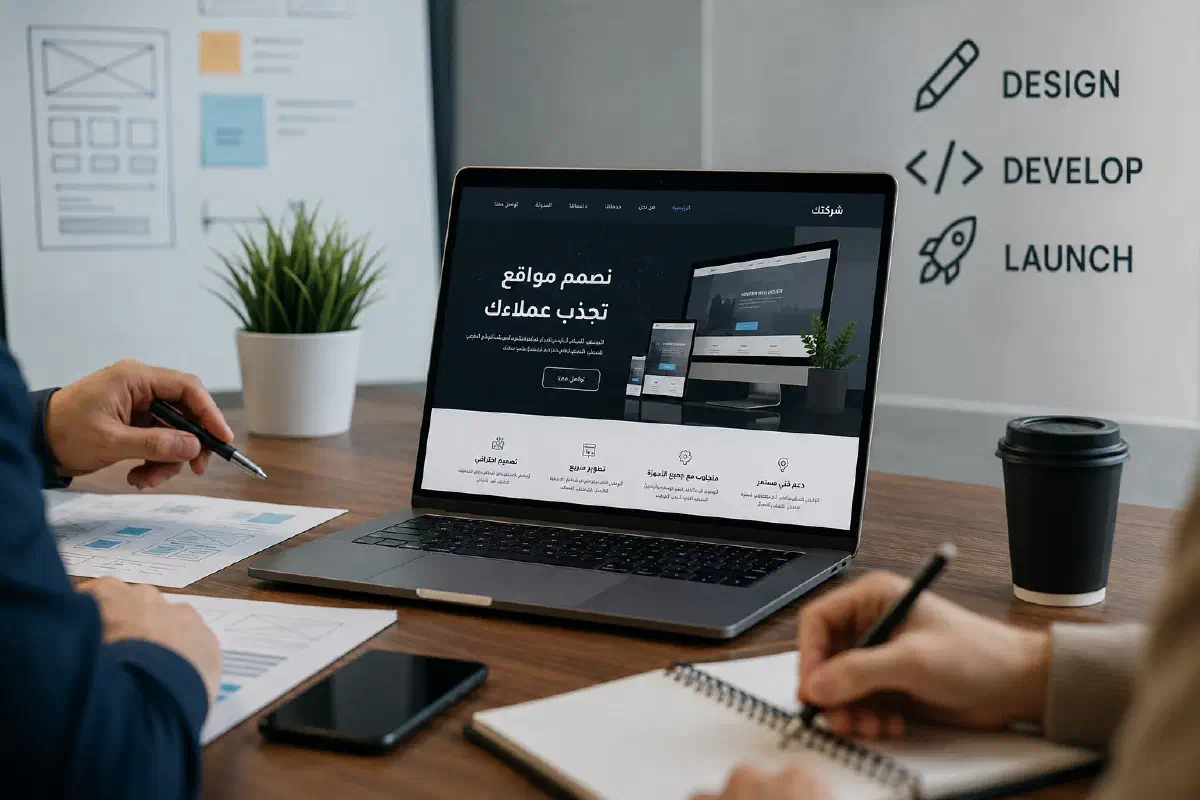 A professional team discussing the design and development of a modern business website.